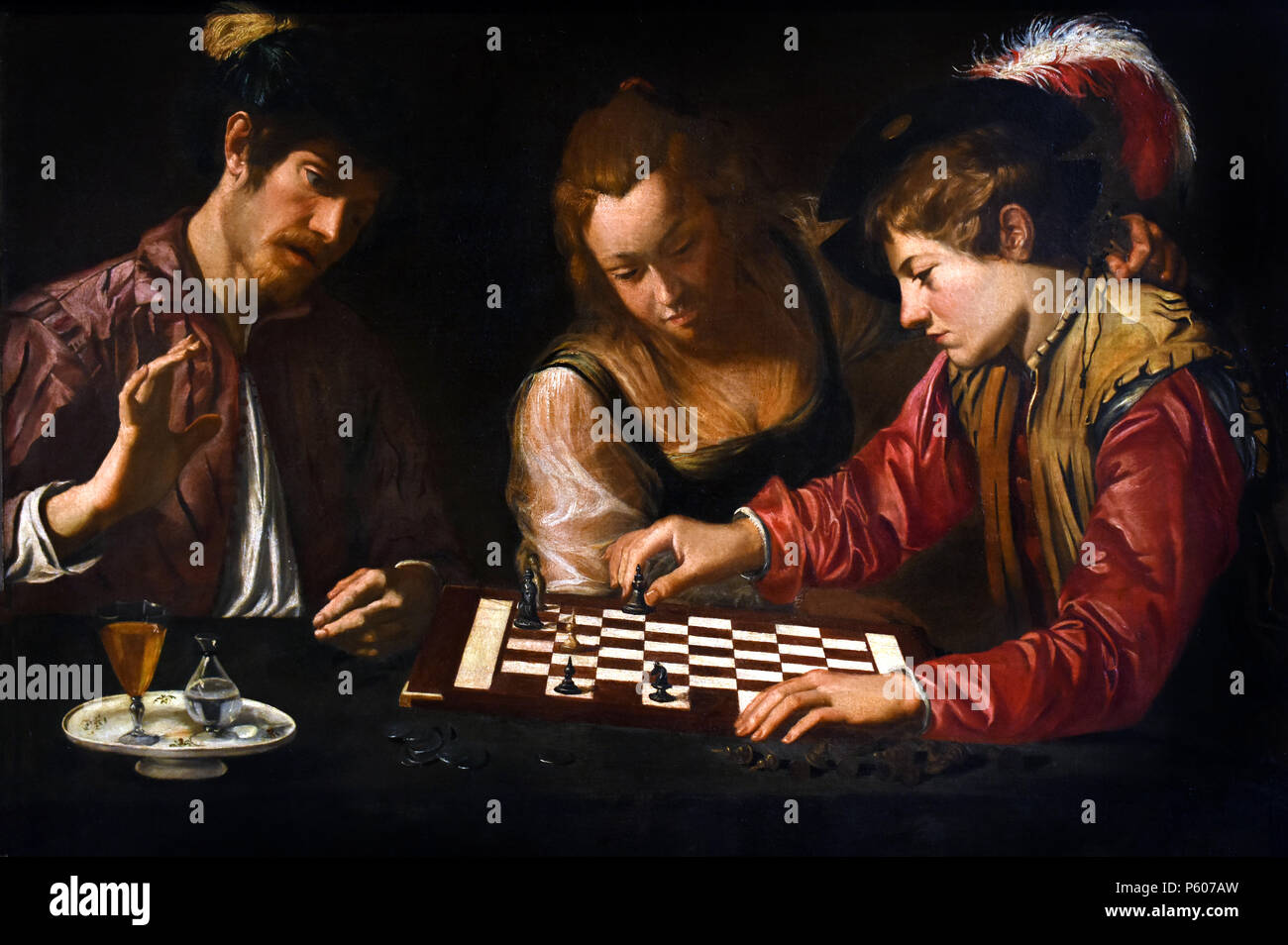 Schachspieler, CARAVAGGESCO, Maler, Italien, Italienisch (im Stil von Michelangelo Merisi da Caravaggio gemalt. Konkret bedeutet dies einen sehr realistischen Darstellung von Figuren, die sich auf dramatische Situationen und Themen, und einen hohen Kontrast von Licht und Dunkel (Hell-dunkel). 16.-17. Jahrhundert Stockfoto