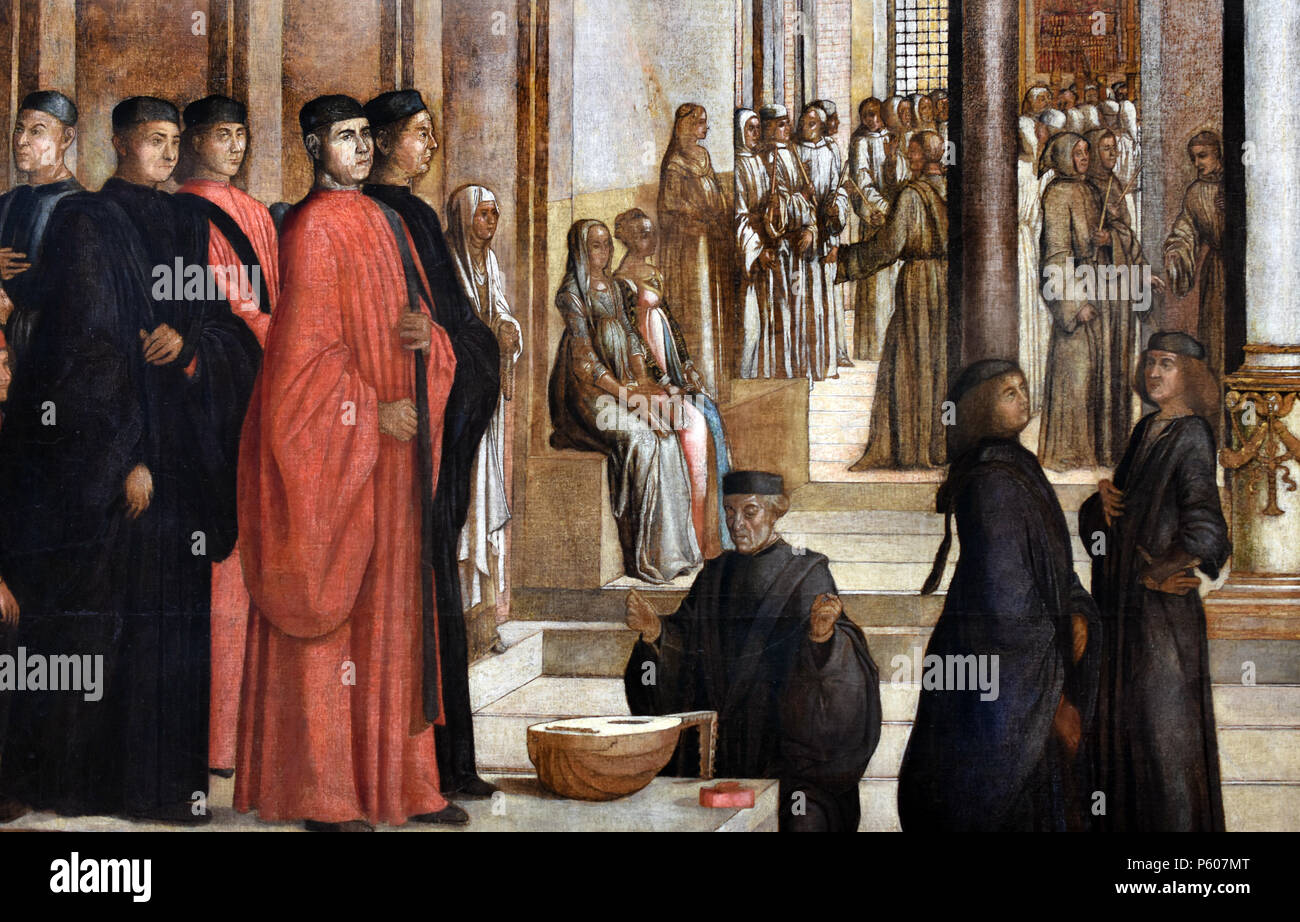 Angebot der Reliquie des Kreuzes an die Mitbrüder der Scuola Grande di San Giovanni Evangelista LAZZARO BASTIANI Venedig 1425-1512 Stockfoto