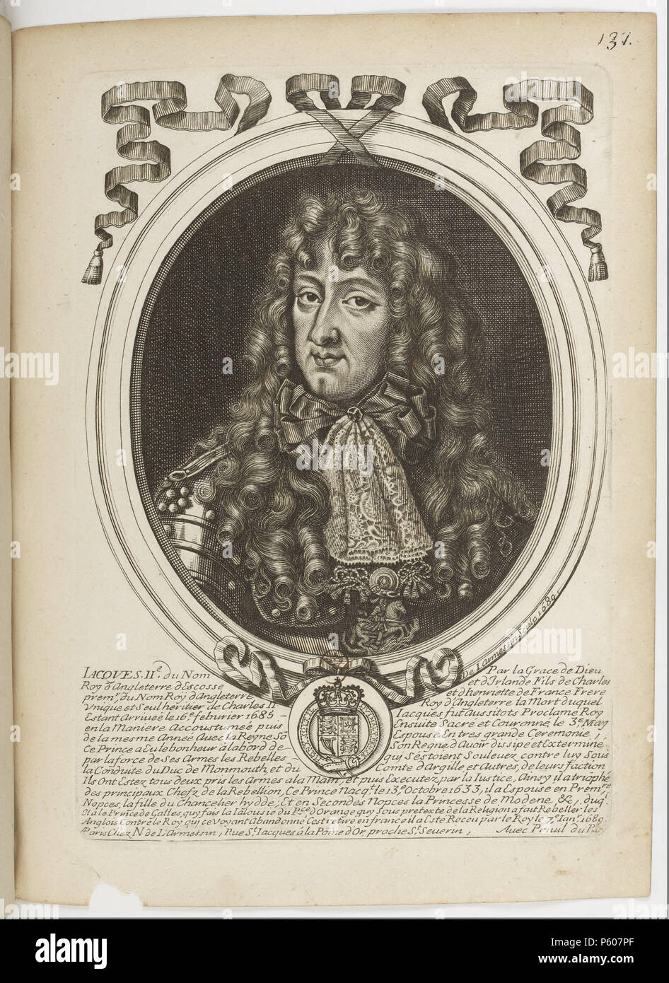 N/A. Français: Les Augustes Représentations de tous les Rois de France, depuis Pharamond jusqu'à Louis XIV,... avec un abrégé historique sous chacun, Contenant leurs naissances, Neigungen et Aktionen plus remarquables Pendant leurs règnes. 1690. N/A 531 Estampes par Nicolas de Larmessin. f 137. Jacques II, Roi d'Angleterre Stockfoto