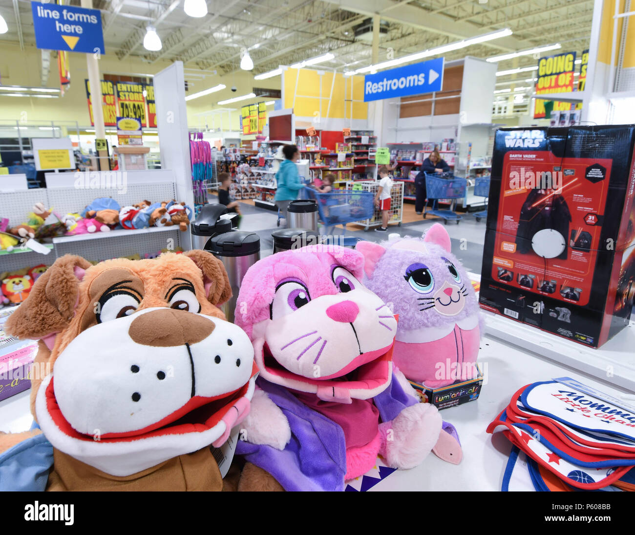 Ausgestopfte Tiere sitzen in einem Toys R Us Store in Manchester, N.H., USA unberührt, während ihre liquidation Verkauf am 25. Juni 2018. Stockfoto