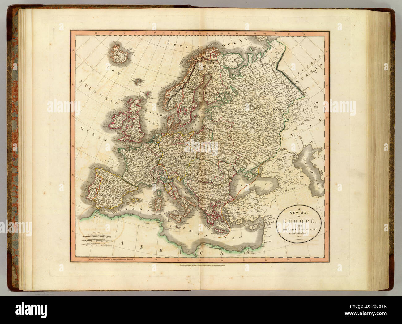 N/A. Original vollen Titel der Karte: Eine neue Karte von Europa, von den neuesten Behörden. Von John Cary, Stecher, 1804. London: von J. Cary, Stecher & Karte - Verkäufer, Nr. 181, Strang, Novr veröffentlicht. 28., 1804. Autor: Cary, John, Ca. 1754-1835 Datum: 1804 Herausgeber: London: John Cary. Maßstab 1:11.000.000 Pub Pub Datum: 1808 Titel: Cary's New Universal Atlas, mit unterschiedlichen Karten aller Staaten und Reiche auf der ganzen Welt. Aus den neuesten und besten Behörden. London: Gedruckt für J. Cary, Kupferstecher und Karte - Verkäufer, Nr. 181, in der Nähe von Norfolk Street, Strang, 1808. . 1808. Cary, Jo Stockfoto