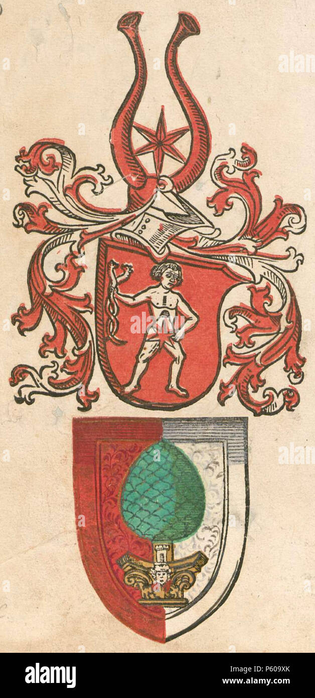 N/A. das vermutlich früheste mit beweglichen Typen gedruckte Donatoren-Exlibris (von dem Augsburger Drucker Erhard Ratdolt); darunter Ex Libris der Stadt Augsburg, in: Euclides/Hypsicles: Elementa, Venedig, 1482.05.25 [BSB-Ink E-106-GW 9428]. 1482. Unbekannt 538 Exlibris Elementa 1482 Stockfoto
