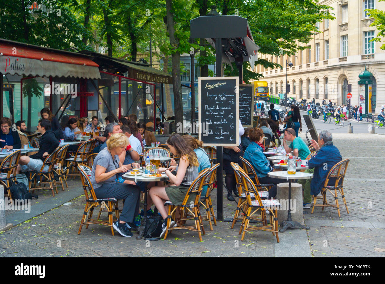 Restaurant Terrasse, Place de la Sorbonne, Sorbonne, Paris, Frankreich Stockfoto