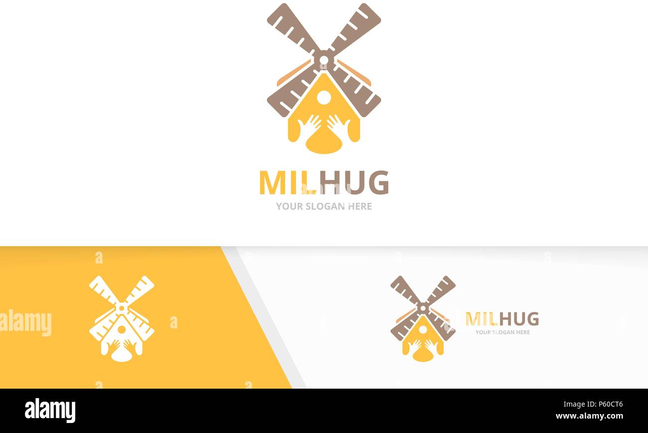 Vektor fräsen und Hände logo Kombination. Bauernhof und umarmen Symbol oder Icon. Einzigartige Mühle und Freundschaft Logo Design Template. Stock Vektor