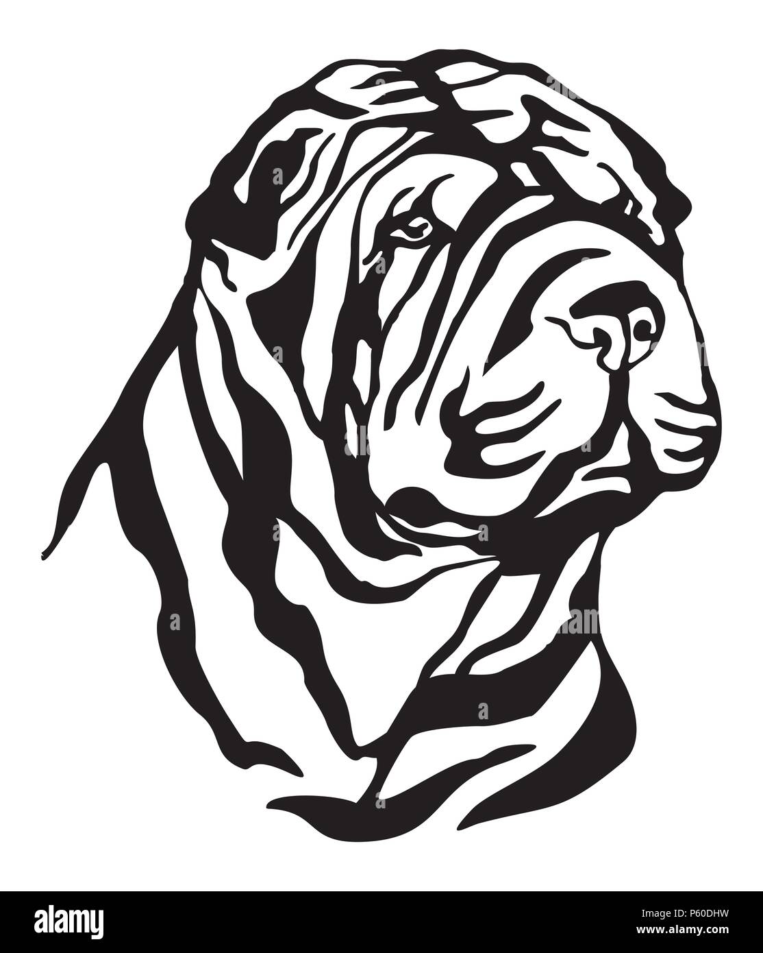 Dekorative Portrait von Hund Shar Pei, Vektor isoliert Abbildung in schwarz auf weißem Hintergrund. Bild für Design und Tattoo. Stock Vektor