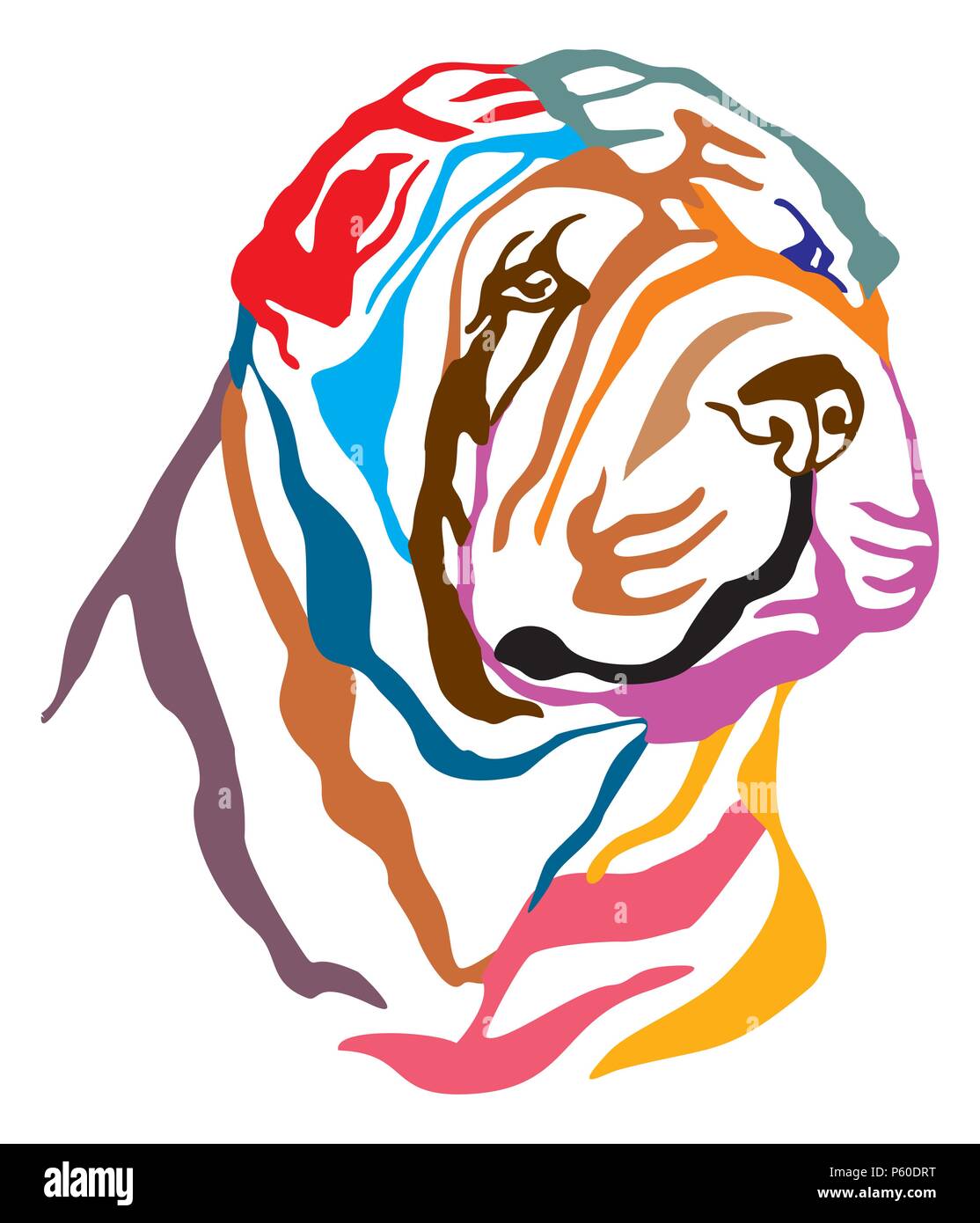 Bunt dekorativ Portrait von Hund Shar Pei, Vector Illustration in verschiedenen Farben auf weißem Hintergrund. Bild für Design und Tattoo. Stock Vektor