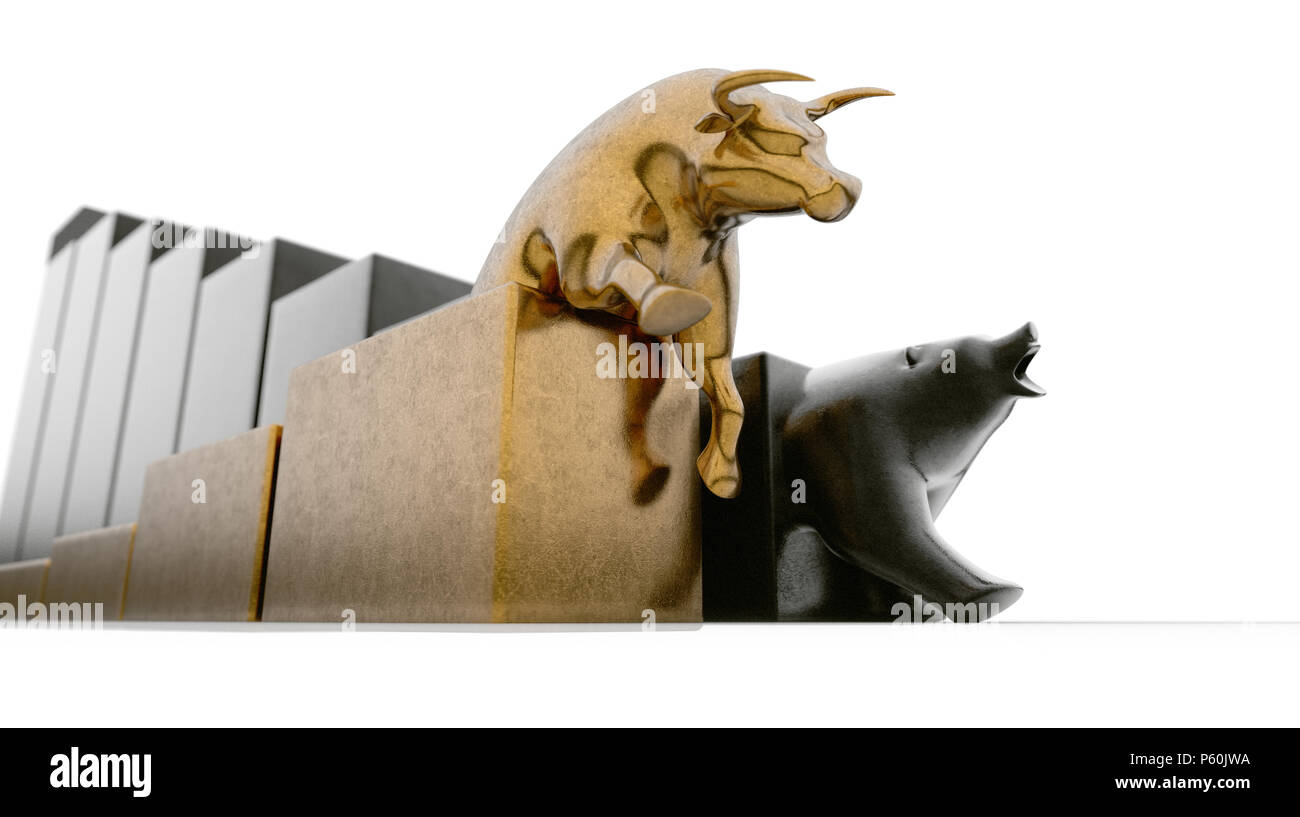 Bulle und Bär Figuren nachgestellten nach oben und unten bzw. Grafiken nebeneinander auf einer isolierten Hintergrund - 3D-Rendering Stockfoto