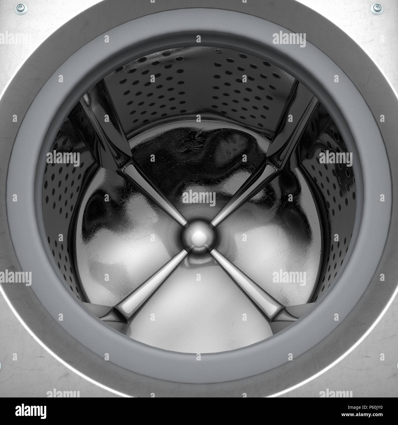 Eine Nahaufnahme von der Außenseite eines industriellen Waschmaschine auf der Suche nach innen in Richtung der geöffneten Tür und leere Trommel - 3D-Rendering Stockfoto