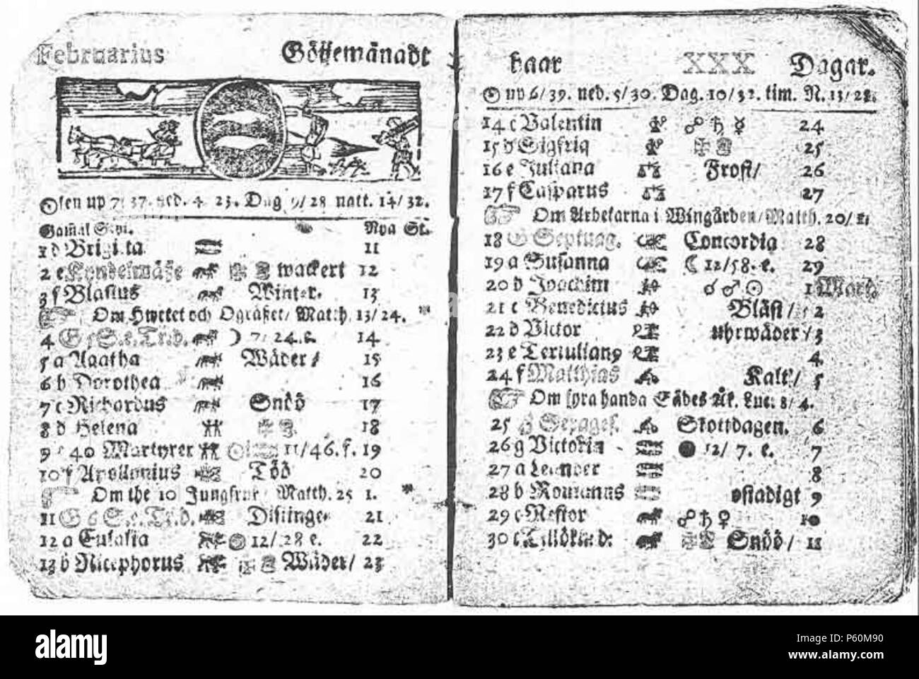 N/A. Das Bild zeigt zwei Seiten von einer schwedischen Almanach von 1712.  In der linken oberen Ecke sehen Sie das Wort "Februarius', und unten auf  der rechten Seite, am 30. Tag dieses