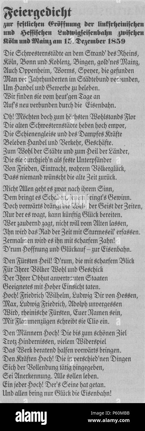 N/A. English: Feiergedicht zur feierlichen Eröffnung der linksrheinischen und hessischen Ludwigseisenbahn zwischen Köln und Mainz am 15. Dezember 1859. Datum unbekannt, wahrscheinlich jünger als 1996. Rheinische Eisenbahngesellschaft 551 Feiergedicht - Rheinische Eisenbahn Stockfoto