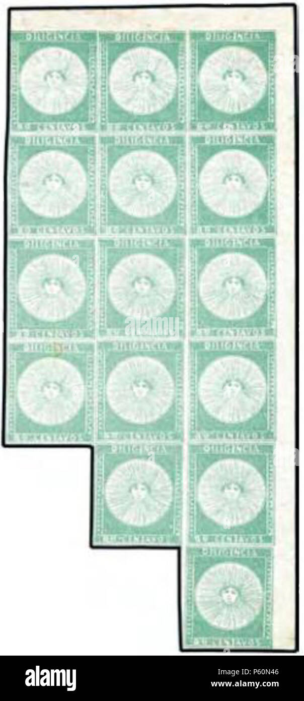 N/A. Englisch: Uruguay, 80c Green Corner Block von 15 der 1856 Ausgabe. :" "1856" ". 1856. Uruguay Regierung 554 Ferrer Block Stockfoto