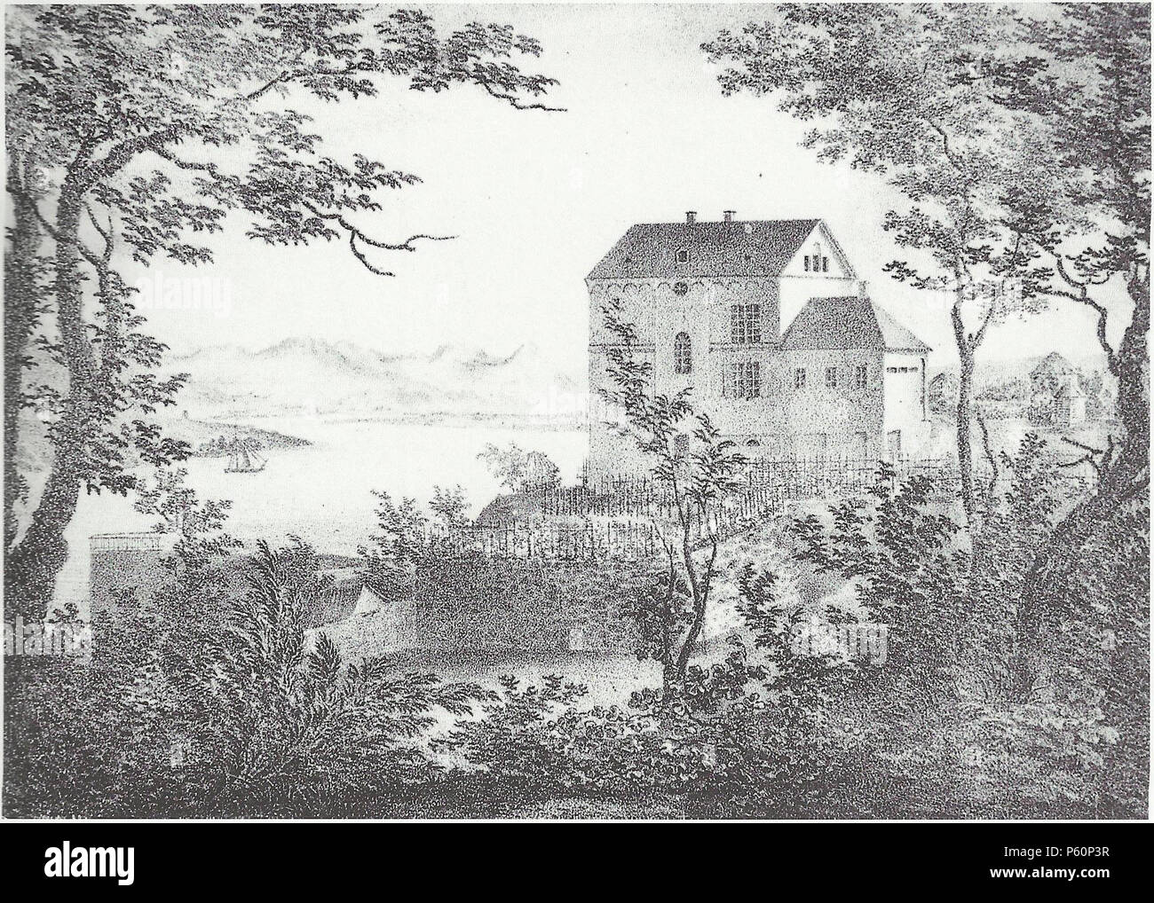 N/A. English: Villa Brandis (erbaut 1826, 1905 abgebrochen), Bonn: Ansicht von Nordwesten, im Vordergrund ein Teil der sogenannten Herrenmauer; rechts im Hintergrund die Villa Domini und die Villa Arndt (heute Ernst-Moritz-Arndt-Haus) Lithographie, Bild 16,5 x 11,75 cm, Blatt 18,4 x 13,6 cm. ca. 1828/29. Aimé Henry (Lithographie) 221 Bonn Villa Brandis 1828-29 Stockfoto