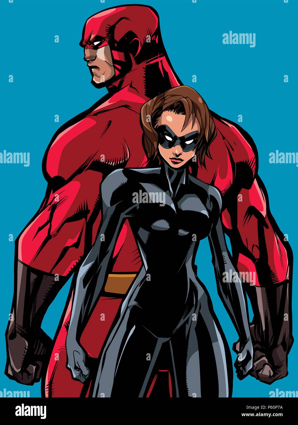 Superhelden Paar Rücken an Rücken keine Umhänge Stock Vektor