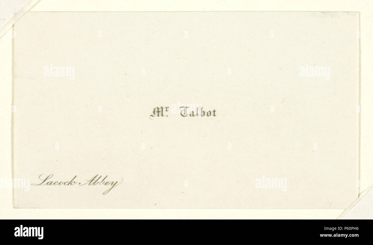 N/A. Visitenkarte von Henry Fox Talbot. ca. 1800 bis 1877. William Henry Fox Talbot (1800 - 1877) Alternative Namen Henry Fox Talbot, William Henry Fox Talbot; Fox Talbot Beschreibung britische Fotograf Geburtsdatum / Tod 11. Februar 1800, 17. September 1877 Ort der Geburt / Todes Melbury, Dorset, England Lacock Abbey, Wiltshire, England arbeiten Standort London Authority control: Q 299565 VIAF: 54325833 ISNI: 0000 0001 2026 0414 ULAN: 500021449 79138724 LCCN: n NLA: 35538270 WorldCat 252 Visitenkarte "Mr. Talbot, Lacock Abbey" von Henry Fox Talbot Stockfoto