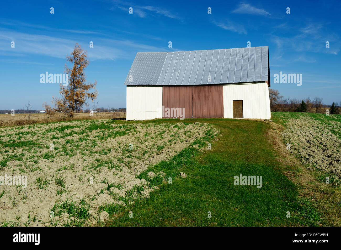 Unscheinbaren Scheune mit Aluminium Abstellgleis in der Nähe von St-Eustache, Provinz Quebec, Kanada. Stockfoto