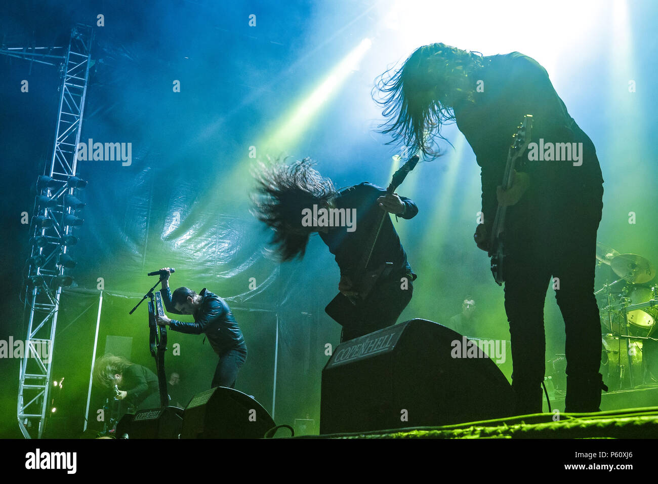 Dänemark, Kopenhagen, 22. Juni 2018. Der norwegischen Black Metal Band Satyricon führt ein Live Konzert während der dänischen Heavy Metal Festival Copenhell 2018 in Kopenhagen. Hier Sänger Satyr gesehen wird live auf der Bühne. (Foto: Gonzales Foto - Peter Troest). Stockfoto
