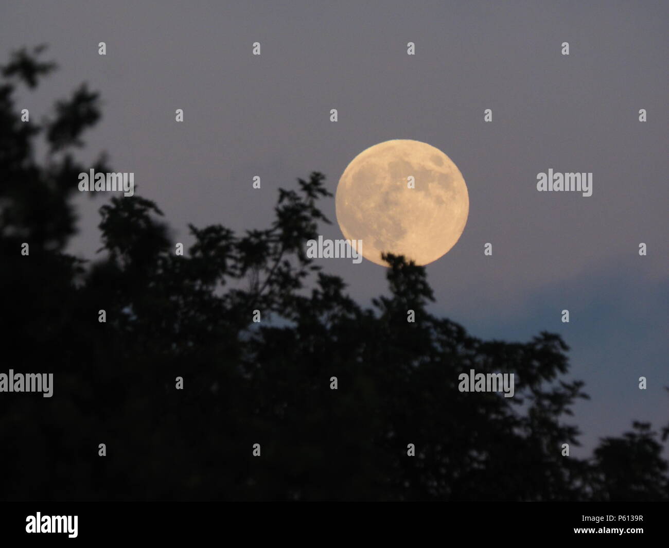 Queenborough, Kent, UK. 27 Juni, 2018. UK Wetter: Die vollständige Erdbeere Mond erhebt sich über der Stadt Queenborough, Kent. Credit: James Bell/Alamy leben Nachrichten Stockfoto