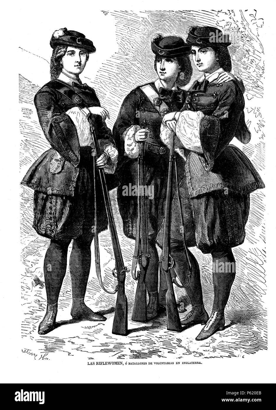 Batallones de voluntarias inglesas, movimiento militarista femenino conocido Como las "riflewomen'. Grabado de 1860. Stockfoto