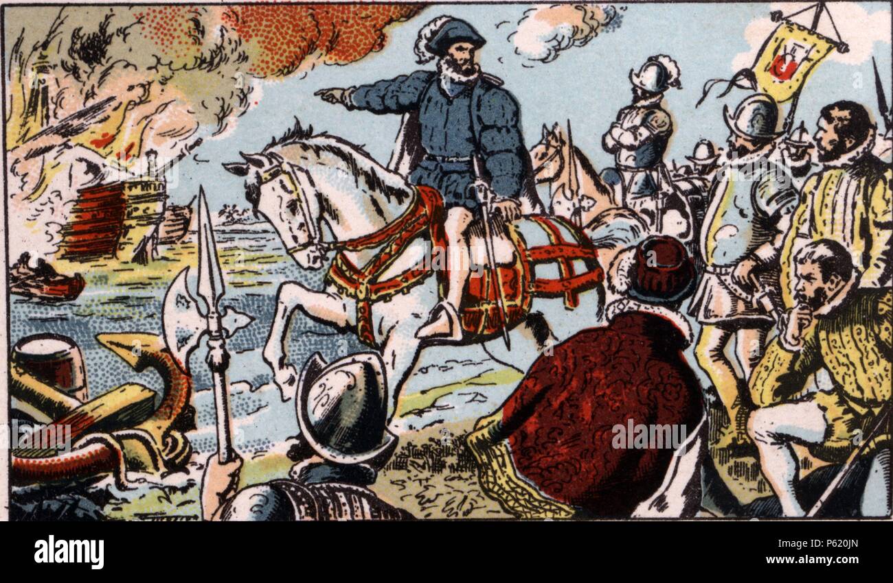 Historia. Siglo XVI. Hernán Cortés manda quemar las Naves en Veracruz. Años  1940. Dibujo de Mestre Stockfotografie - Alamy