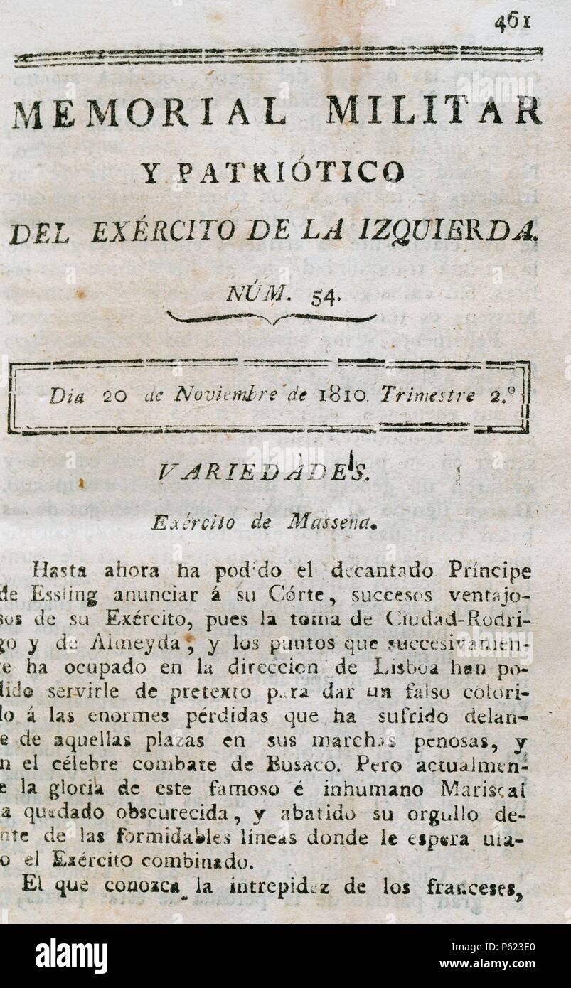 PRENSA ESPAÑOLA. SIGLO XIX. (GUERRA DE LA INDEPENDENCIA, 1808, 1814). 'MEMORIAL MILITAR Y PATRIOTICO'. "Exercito de la Izquierda". nº 54 (Dia 20 de Noviembre de 1810). CAMPO - Bürgermeister de la Imprenta Militar del Exercito de la Izquierda. Biblioteca de Catalunya. Barcelona. Stockfoto