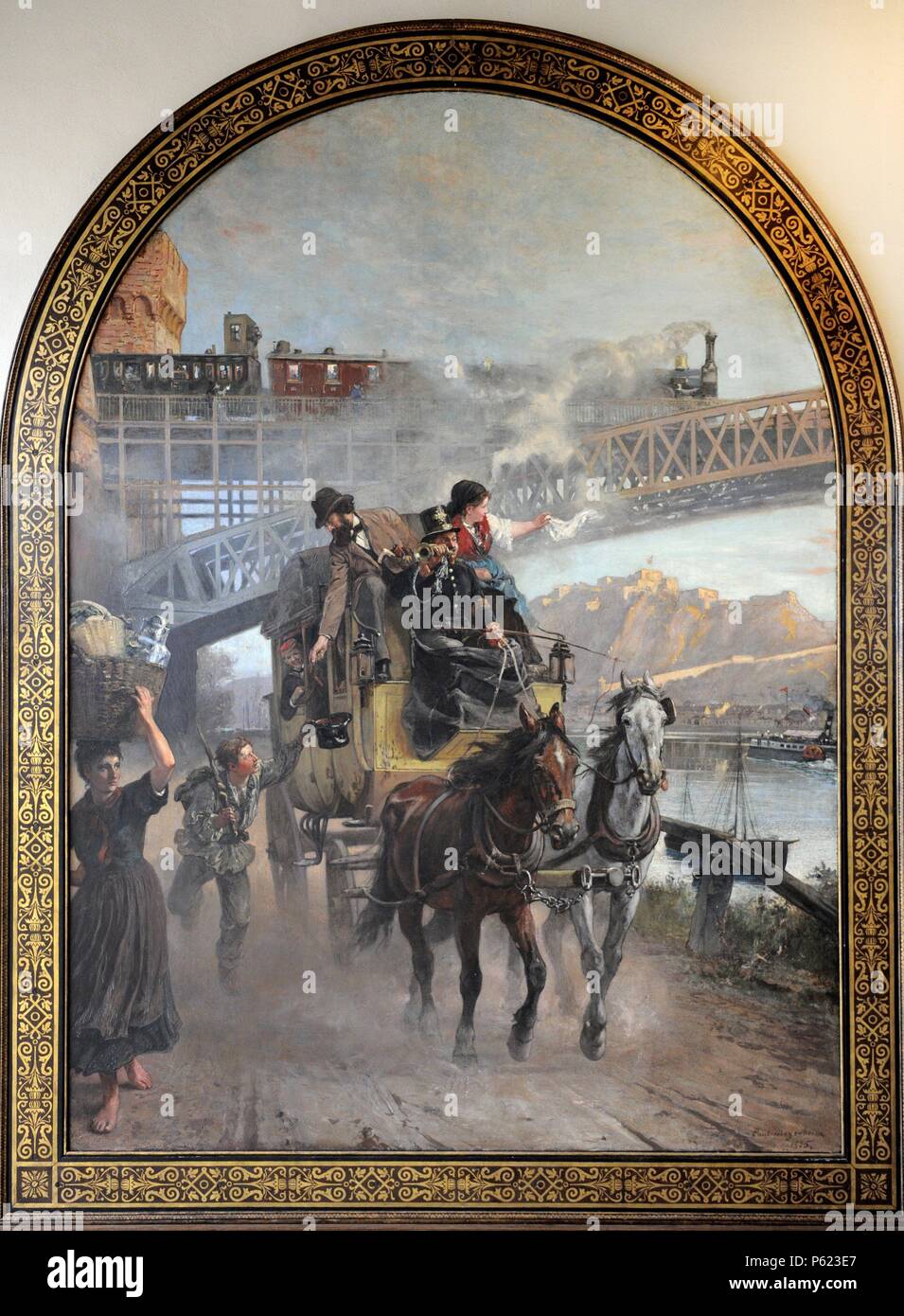 ARTE S. XIX. ALEMANIA. Paul Friedrich Meyerheim (1842 1915). Pintor Alemán. 'El Puente ferroviario sobre el Rin en Ehrenbreitstein', 1875, Original. En esta imagen se muestra La Reunión de los Sistemas de Transporte antiguos: El carruaje, el barco y en el fondo El tren Deutsches Technikmuseum. Berlin. Alemania. Stockfoto