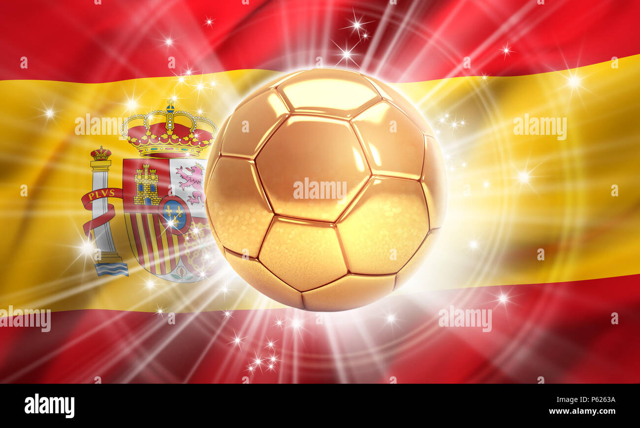 Gold Fußball mit Sterne auf der Flagge Spaniens beleuchtet. Meister der Welt. 3D-Darstellung Stockfoto