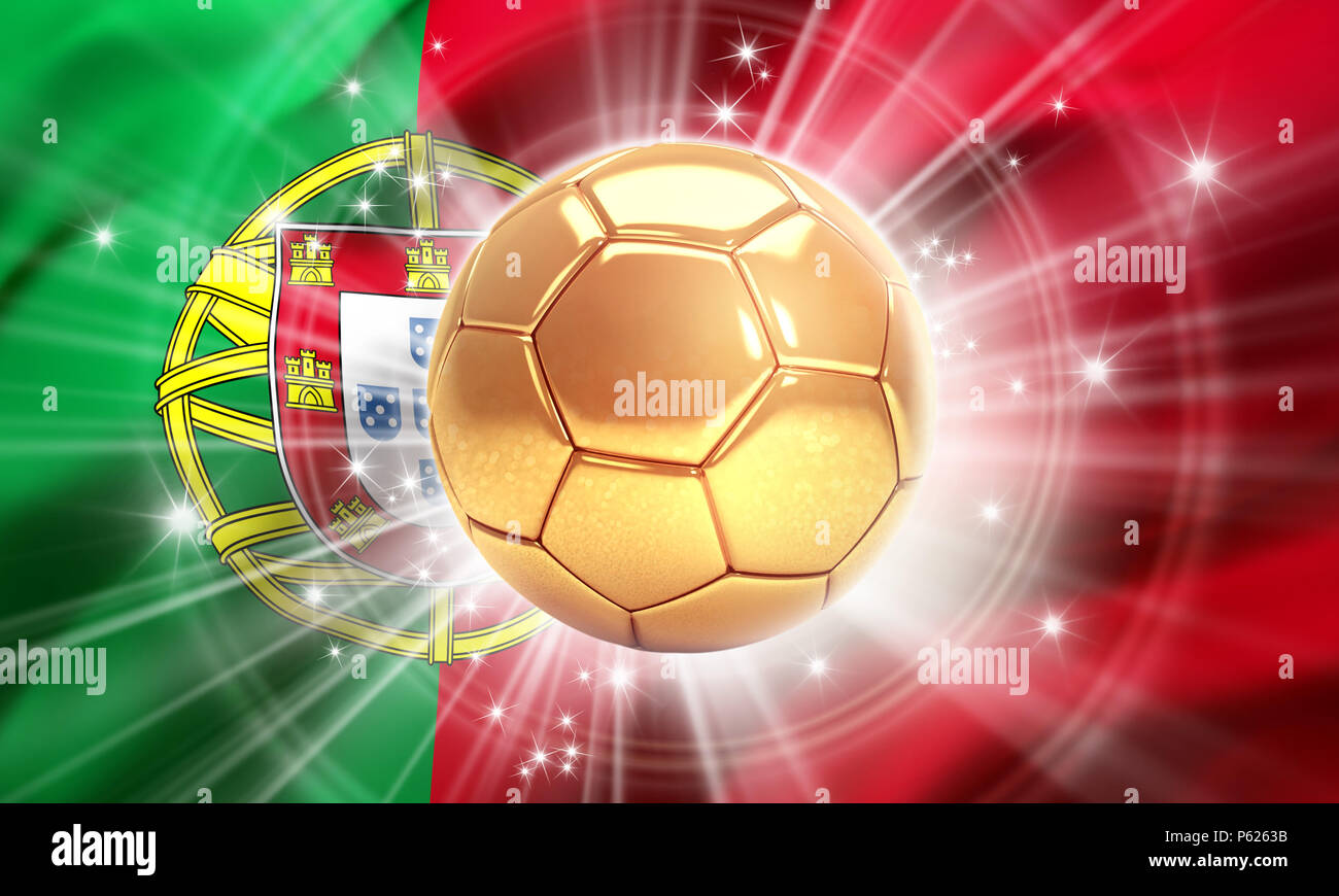 Gold Fußball mit Sterne auf der Flagge von Portugal beleuchtet. Meister der Welt. 3D-Darstellung Stockfoto