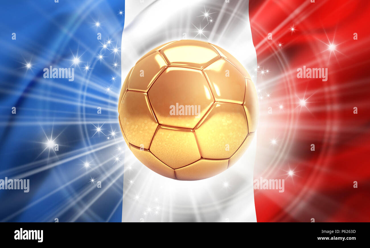Gold Fußball beleuchtet mit Sterne auf der Flagge von Frankreich. Meister der Welt. 3D-Darstellung Stockfoto