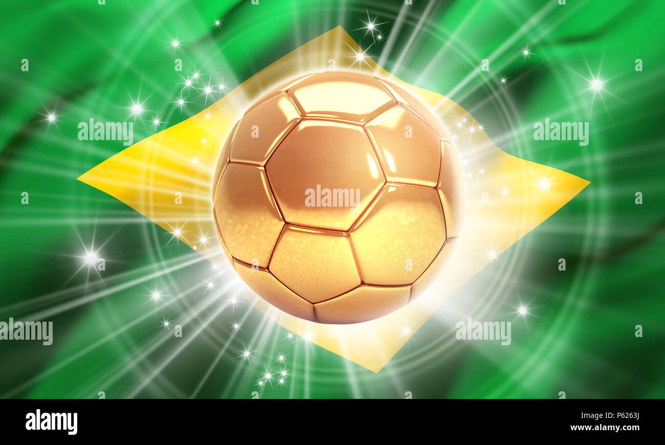 Gold Fußball mit Sterne auf der Flagge von Brasilien beleuchtet. Meister der Welt. 3D-Darstellung Stockfoto