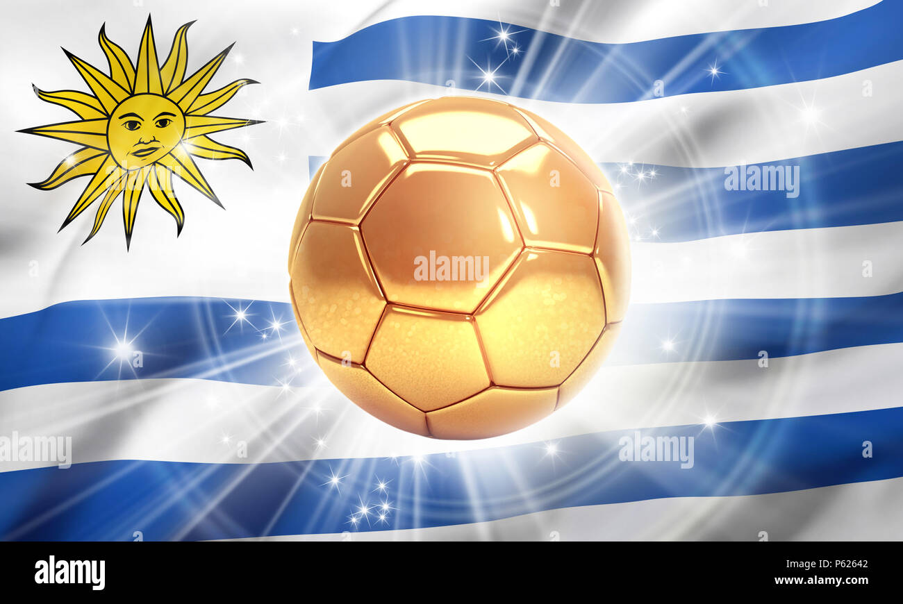 Gold Fußball beleuchtet mit Sterne auf der Flagge von Uruguay. Meister der Welt. 3D-Darstellung Stockfoto