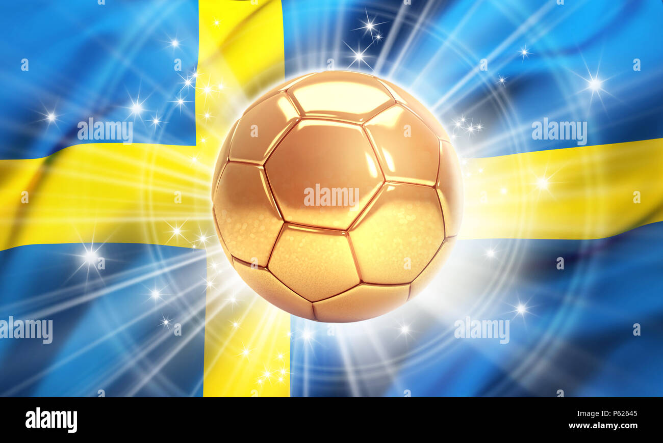 Gold Fußball mit Sterne auf der Flagge von Schweden beleuchtet. Meister der Welt. 3D-Darstellung Stockfoto