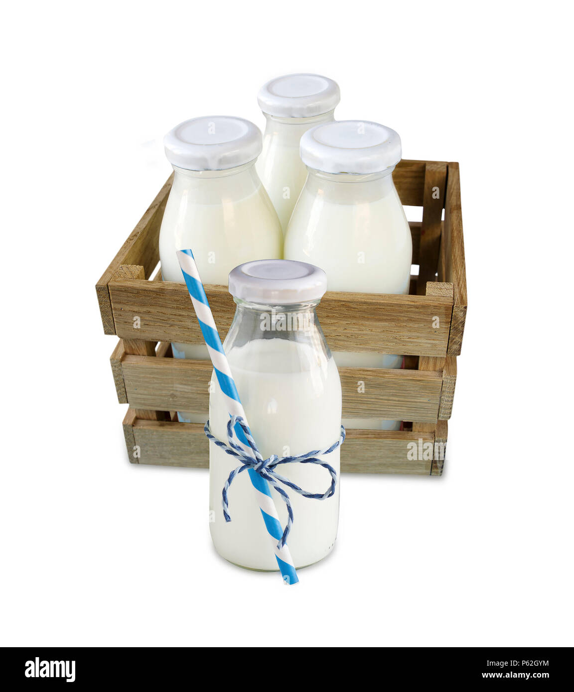 Milchflasche mit gestreiften Stroh in einer Box auf weißem Hintergrund. Kuhmilch mit copy-Platz. Stockfoto