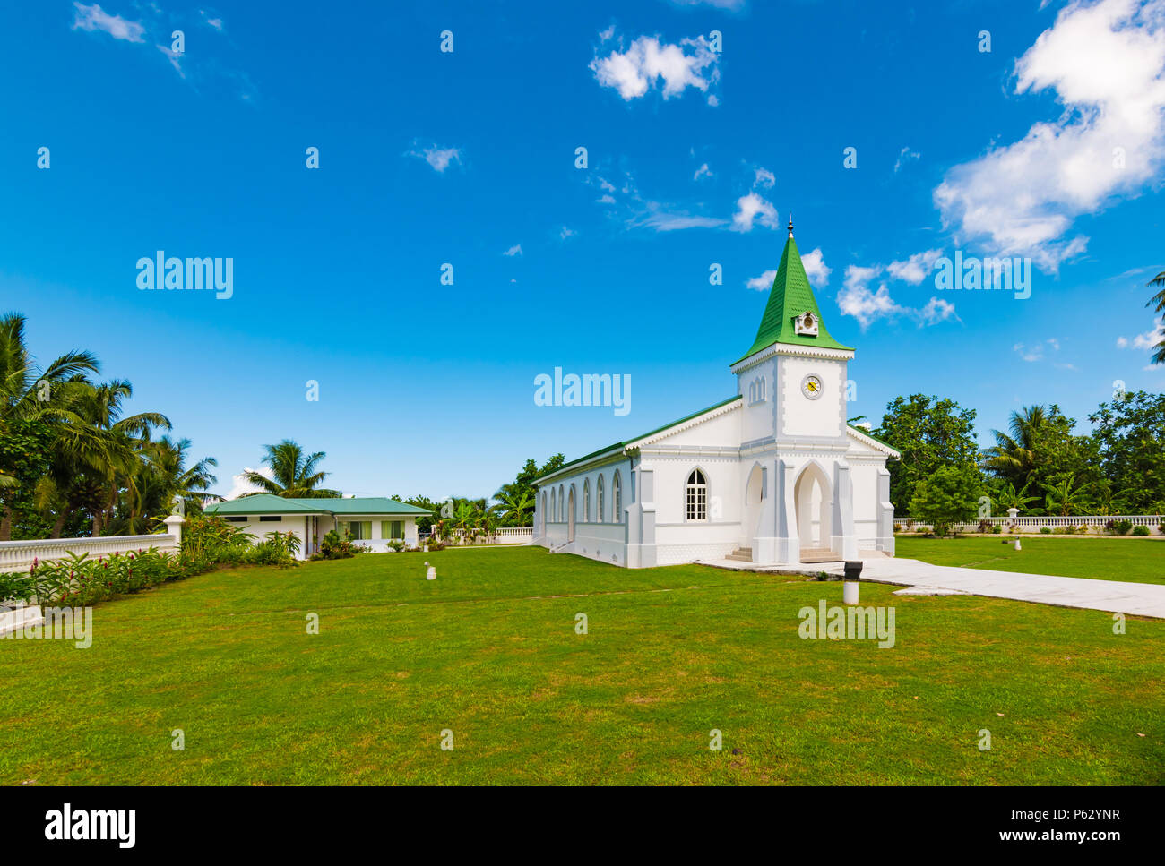 Evangelische Kirche, Haapiti, Moorea, Französisch Polynesien Stockfoto