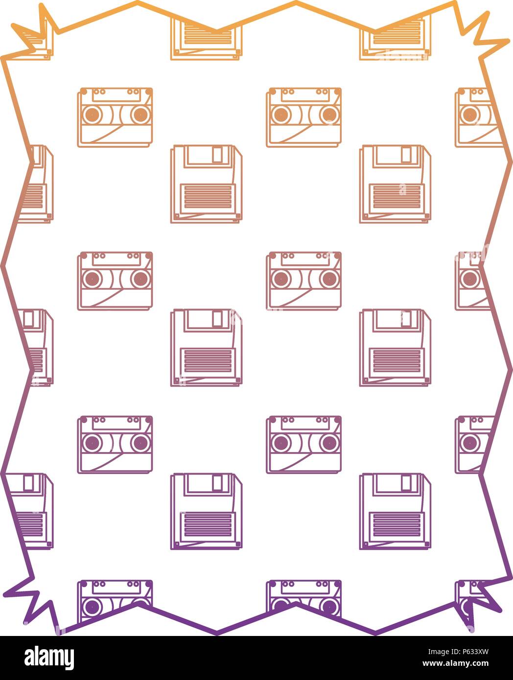 Abstrakte Rahmen mit Casette und Diskette Muster auf weißem Hintergrund, Vector Illustration Stock Vektor