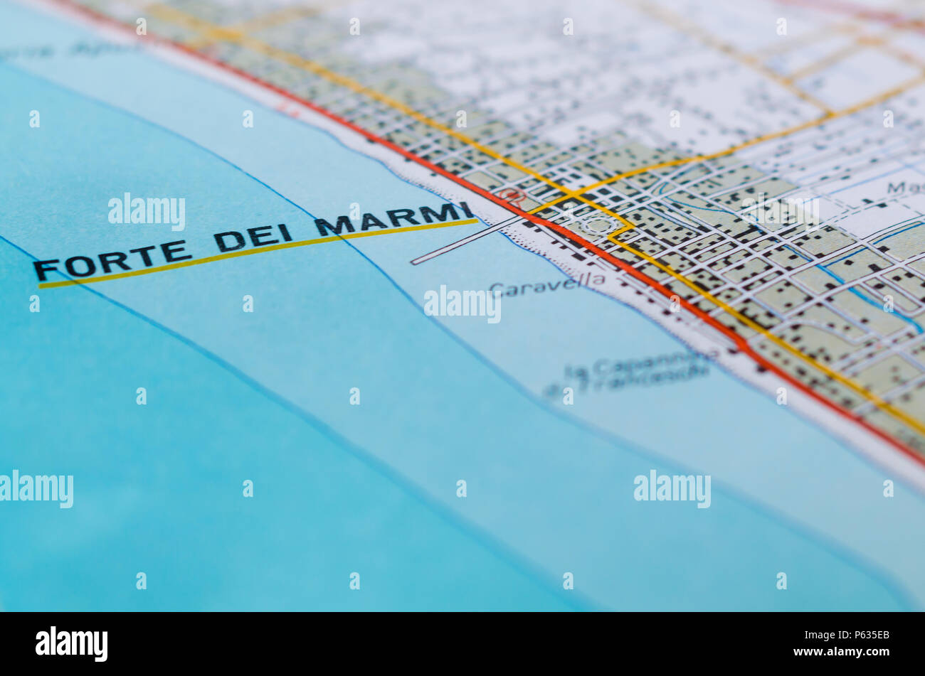 Karten, auf denen einige bekannte touristische Orte in der Versilia. Nützlich, um einen bestimmten Ort in der Toskana Italien wie Forte dei Marmi und andere Orte zu zeigen Stockfoto