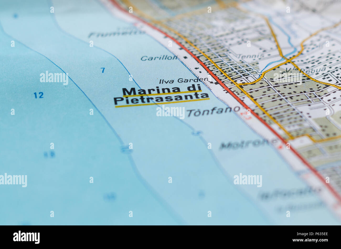 Karten, auf denen einige bekannte touristische Orte in der Versilia. Nützlich, um einen bestimmten Ort in der Toskana Italien wie Forte dei Marmi und andere Orte zu zeigen Stockfoto