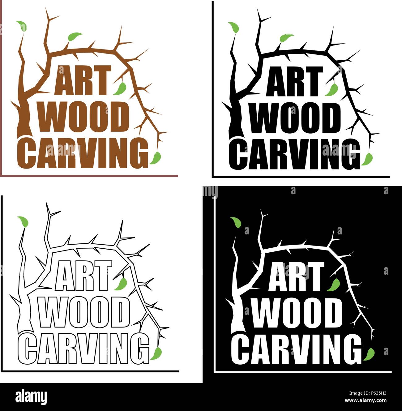 Künstlerische Holzschnitzerei mit Baum Blätter Kreative minimalistischen Logo Stock Vektor