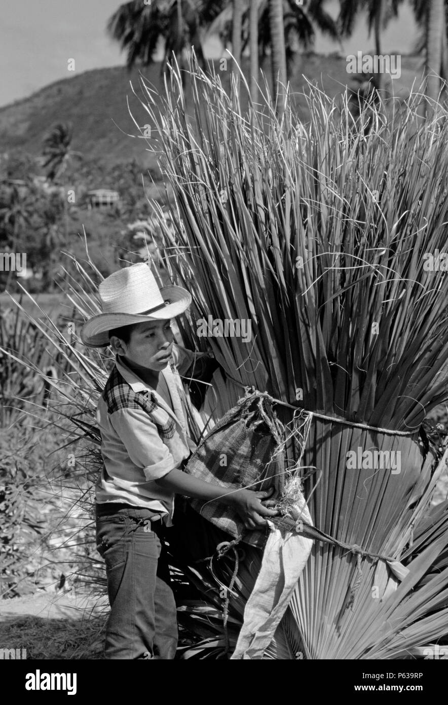 DORFBEWOHNER tragen PALMBLÄTTER, auf der Straße nach COPAN - GAUTAMALA Stockfoto