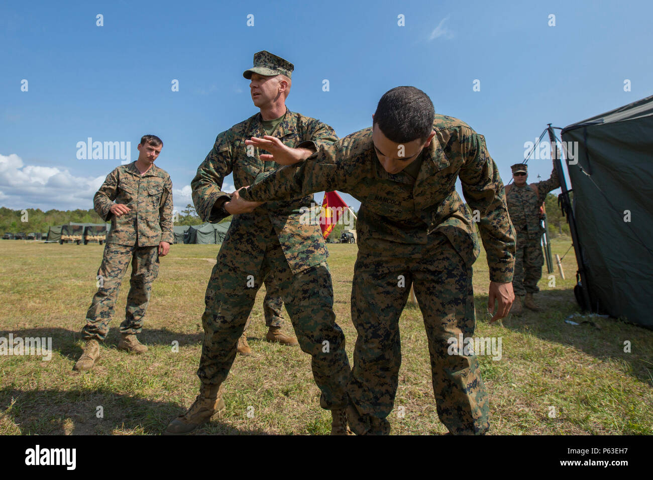 Us Marine Corps Chief Warrant Officer 2 Derrick Maston, Konzernzentrale, zentrale Regiment, 2. Marine Logistics Group, beauftragt Marinesoldaten und Matrosen auf Marine Corps Martial Arts Programm Techniken während der Post-Befehl Übung III (CPX III) an Landing Zone Albatross auf Camp Lejeune, N.C., 21. April 2016. 2D MLG hielt die CPX, um sicherzustellen, dass die Marines in der Lage sind, ordnungsgemäß in einem Feld Umgebung betrieben werden. (U.S. Marine Corps Foto von Lance Cpl. Tyler W. Stewart/Freigegeben) Stockfoto