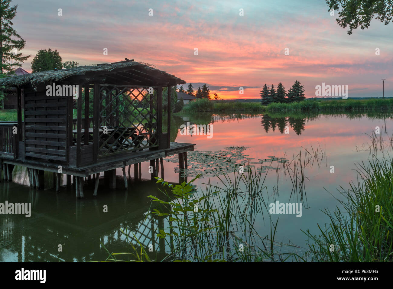 Naturpark der Biebrza Tal - Sonnenaufgang über medow und Pool Stockfoto