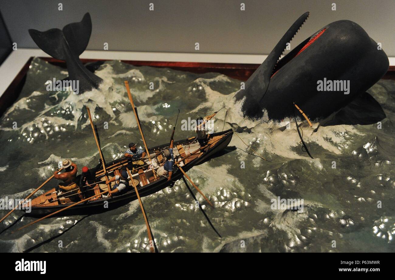 HISTORIA DE LA CAZA. ESCENA DE CAZA, hacia 1850. Cachalote capturado en Las Aguas del Norte de América, con arpones. Diorama. Deutsches Technikmuseum. Berlin. Alemania. Stockfoto