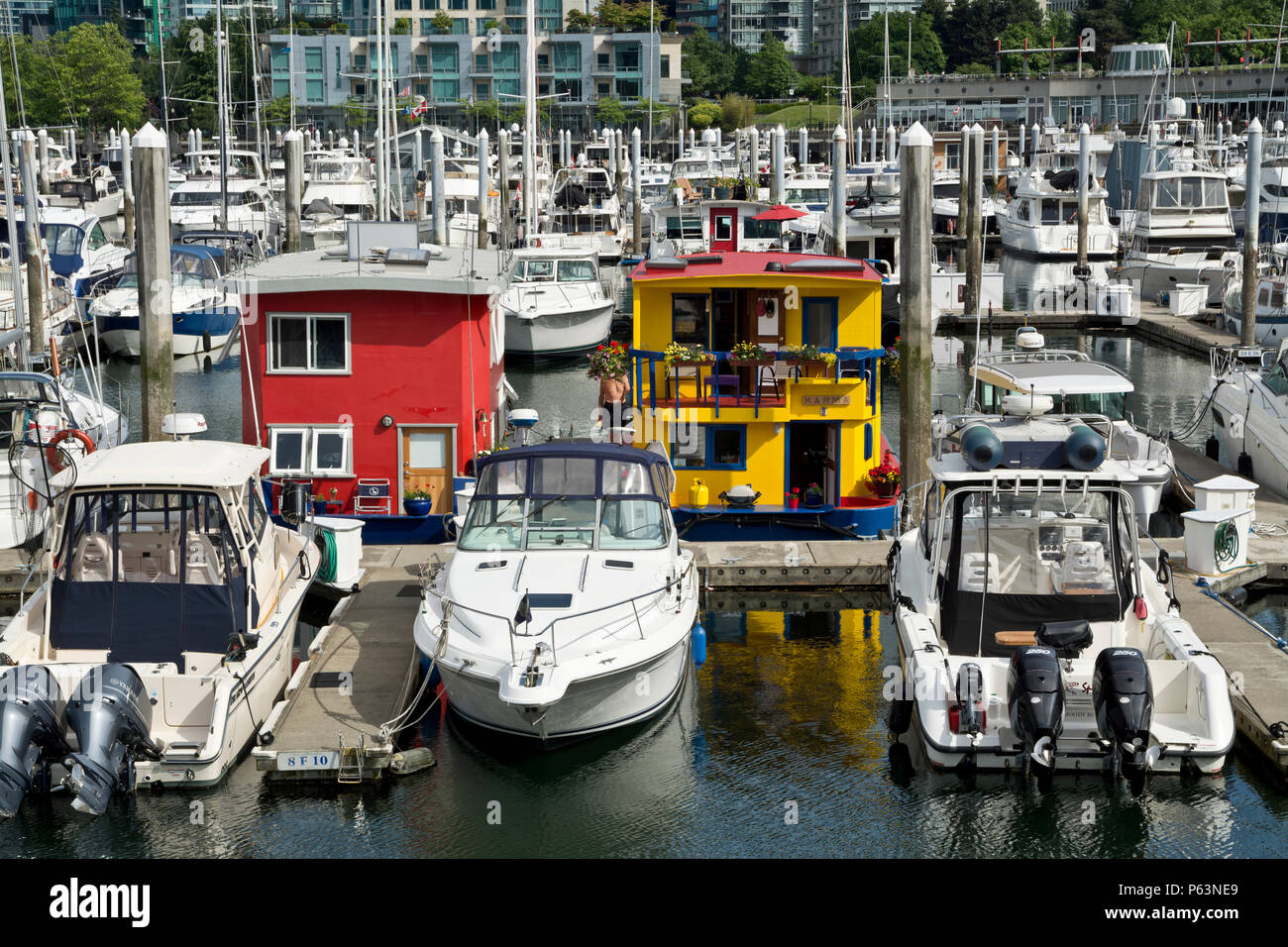 Hausboote und andere Boote in Coal Harbour Marina in der Innenstadt von Vancoouver, British Columbia, Kanada. Stockfoto
