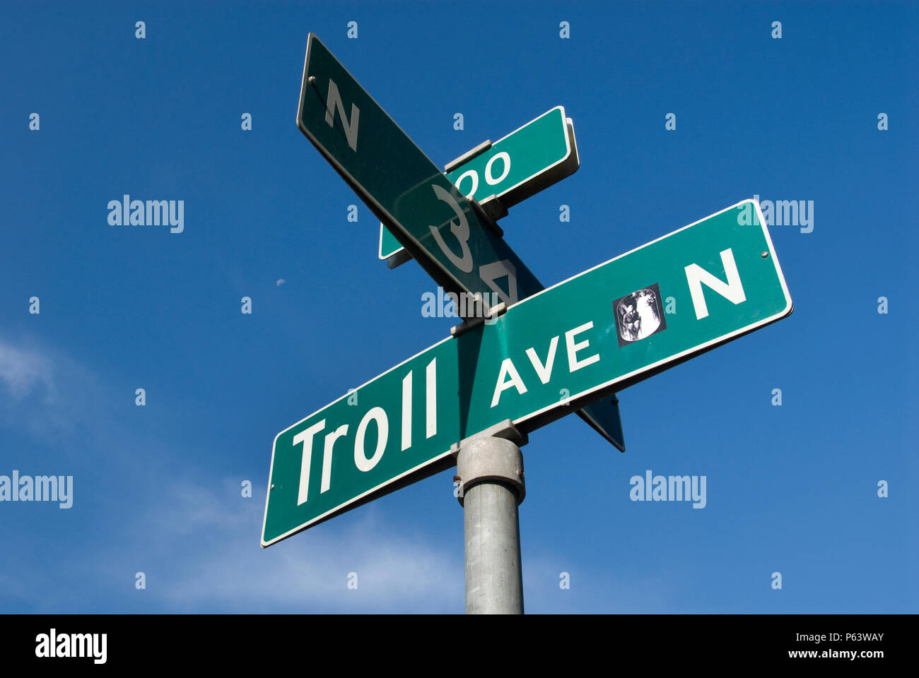 Ein Troll Avenue Straßenschild in der Nähe der Fremont Fremont Troll Skulptur in der Nähe von Seattle, Washington. Stockfoto