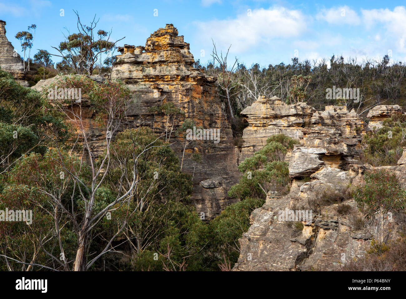 Die umliegenden Felsabstürze und rock Berge bei Dobbies drift Ausblick über lithgow New South Wales Australien am 15. Juni 2018 Stockfoto