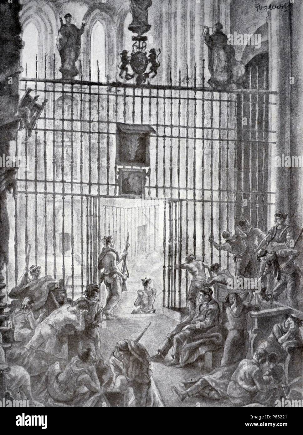 Spanischer Bürgerkrieg: "Republikanische Soldaten belagert, wie die Idee der Hingabe in die Reviere der Kathedrale von Siguenza betrachtet." von J. Valverde 1937 Stockfoto