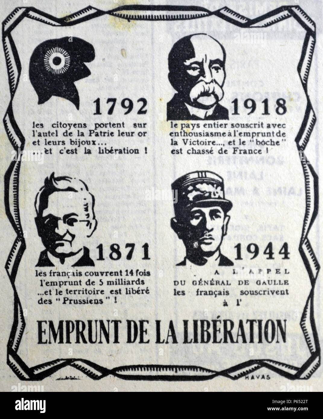 Poster, die Helden der Französischen Kampf gegen Aggressoren: Links oben: Die Kappe der Freiheit 1792; oben rechts Georges Clemenceau; links unten: Adolphe Thiers Pariser Kommune, und Unten rechts General de Gaulle des Zweiten Weltkriegs. Stockfoto