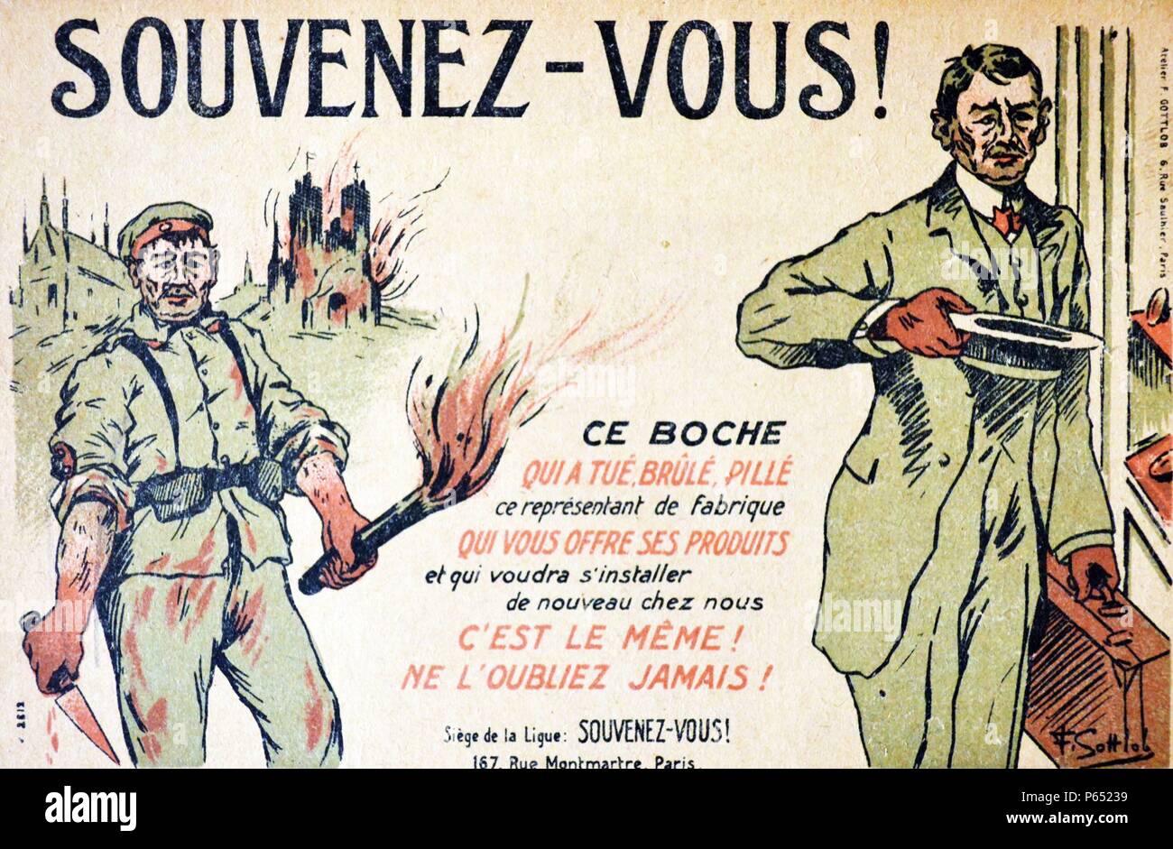 Denken Sie daran, die boche (der Deutsche), der tötet Verbrennungen plündert! Anti Deutsche Postkarte produziert für die französische Besetzung des Rheinland 1919 Stockfoto
