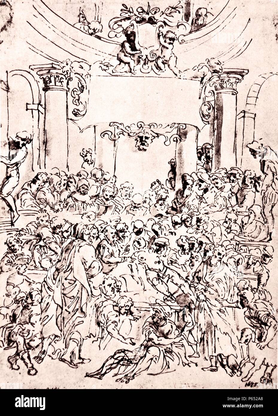 Die Platten aus dem Inbegriff der De Humani Corporis Fabrica von Andreas Vesalius (1514-1564) der frühen Entwurf für die Titelseite der ersten Ausgabe von "De Humani Corporis Fabrica" 1543. Stockfoto