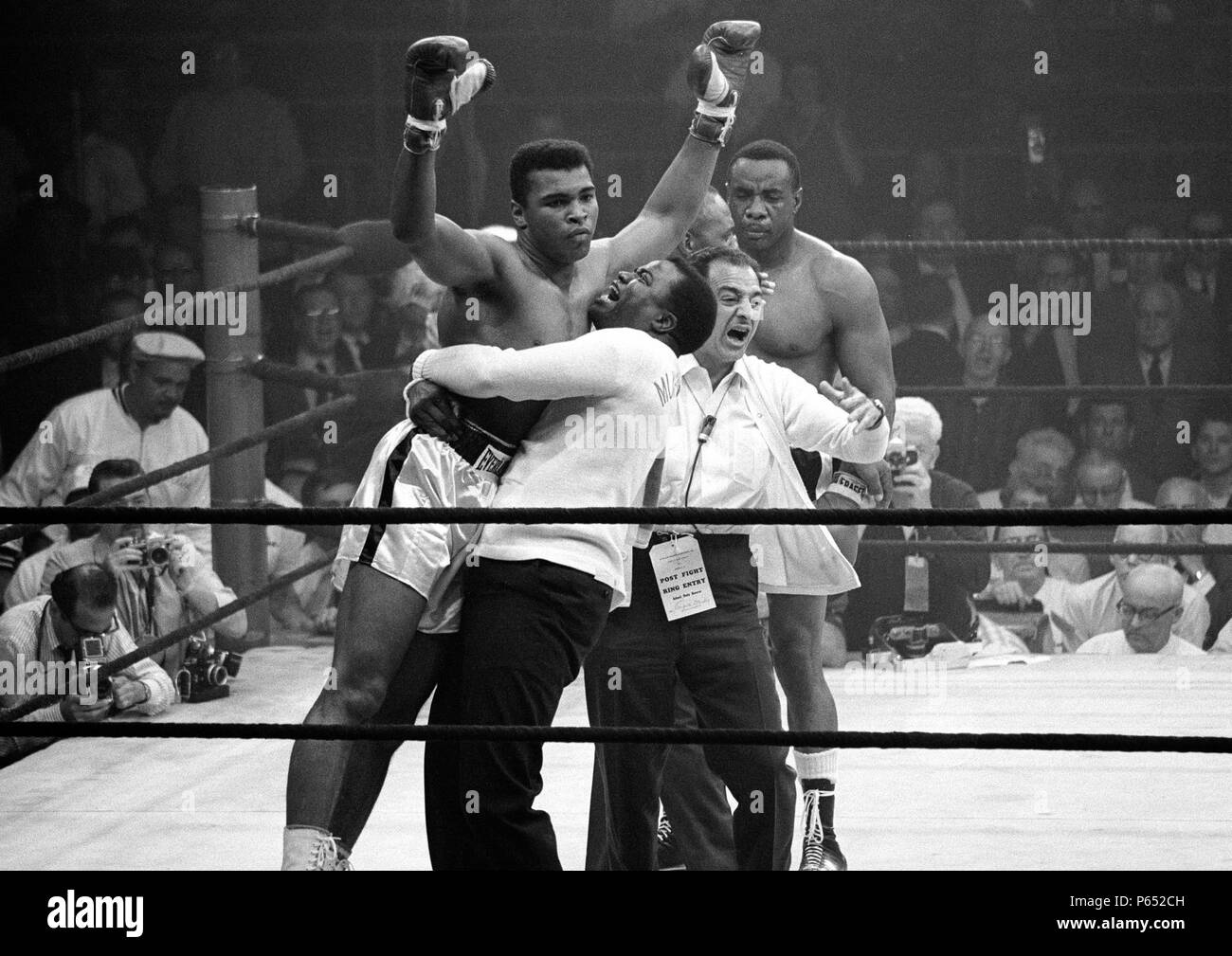 Muhammad Ali (Cassius Clay, Jr.; 17. Januar, 1942) amerikanischen ehemaligen Boxer, zu den größten Schwergewichte in der Geschichte des Sports. Mai 25, 1965, Weltmeister im Schwergewicht Muhammad Ali nach dem rematch mit Boxer Sonny Liston. Ali kampfunfähig Liston in der ersten Runde Stockfoto