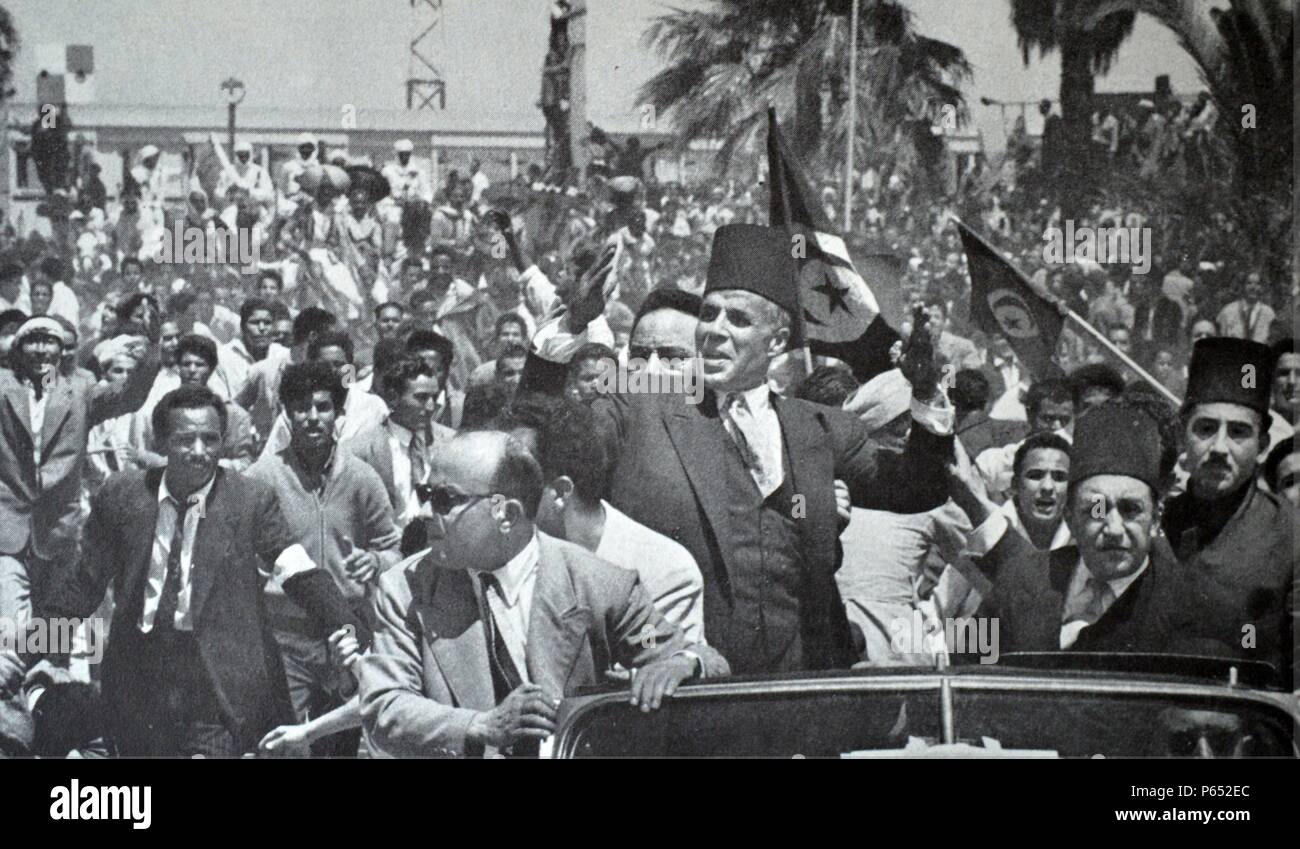 Juni 1, 1955 sah die Rückkehr von Habib Bourguiba (1903 - 6. April 2000) Tunesischen Staatsmann, dem ersten Land, Präsident von Tunesien wurde ab dem 25. Juli 1957 bis 7. November 1987. Stockfoto